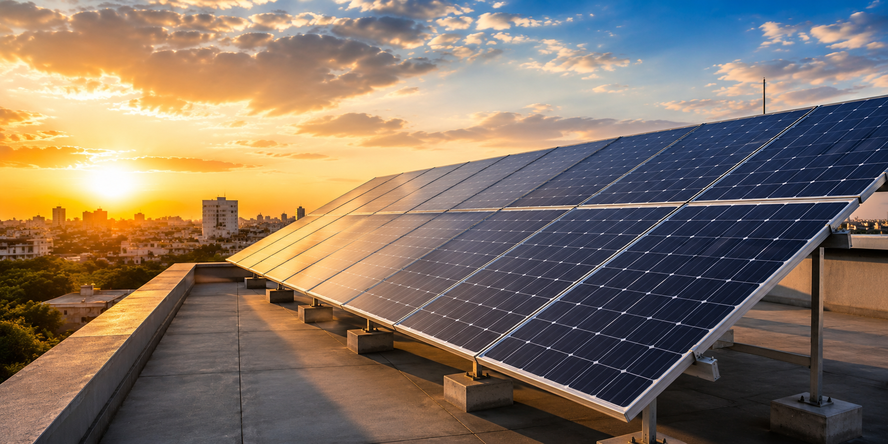 Commercial building rooftop with solar panel array